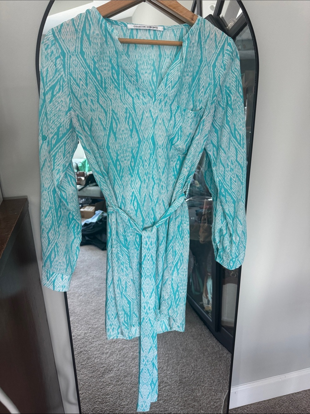 Collective Concepts Aqua and White Wrap Midi Dress